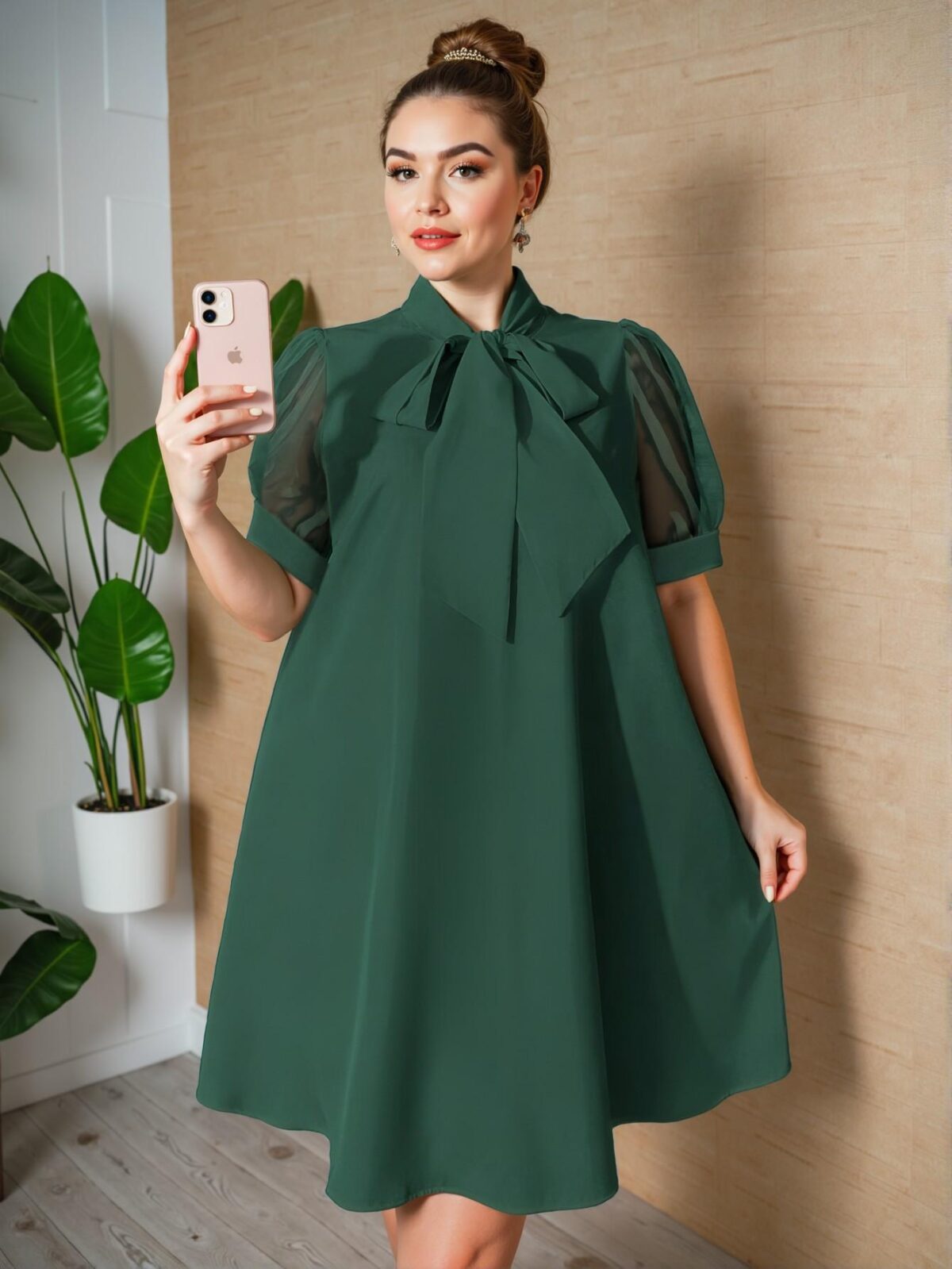 Elegant Dark Green Flared Tunic Dress with Mesh Patchwork and Bowknot for Spring/Summer - Chic, Classy, and Trendy Fashion Style to Dress to Impress - Image 4