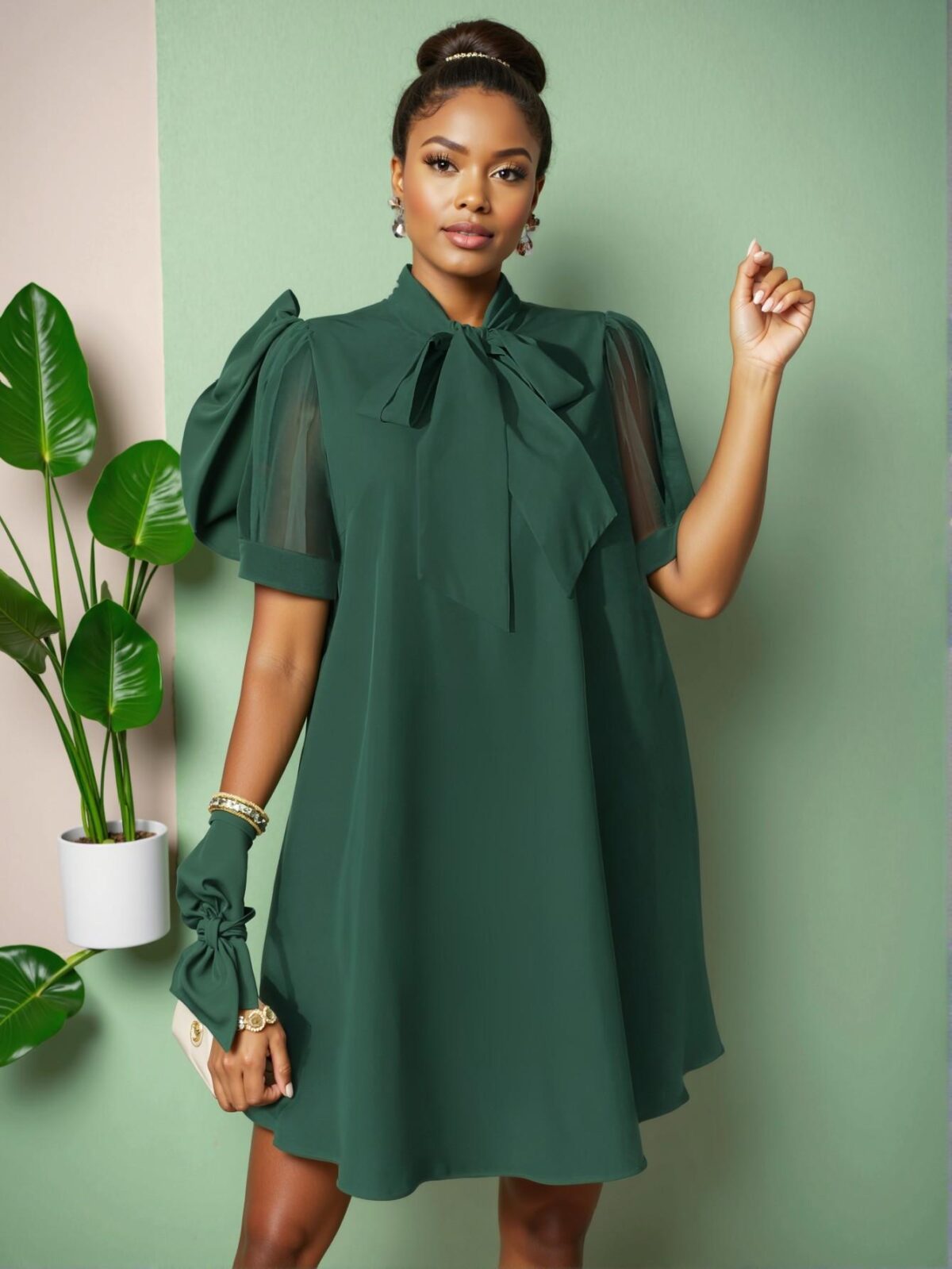 Elegant Dark Green Flared Tunic Dress with Mesh Patchwork and Bowknot for Spring/Summer - Chic, Classy, and Trendy Fashion Style to Dress to Impress - Image 5