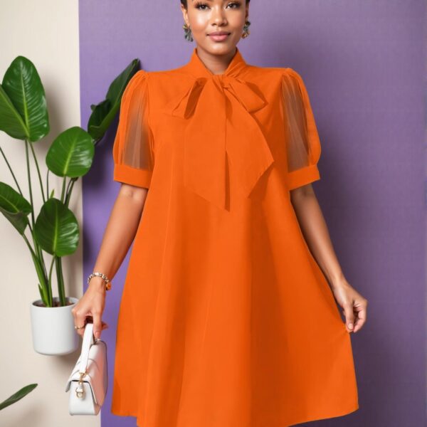 Elegant Orange Breezy Plus Size Tunic Dress with Bow Design and Contrast Mesh for Effortless Summer Style - Chic, Classy and Trendy Fashion to Dress to Impress