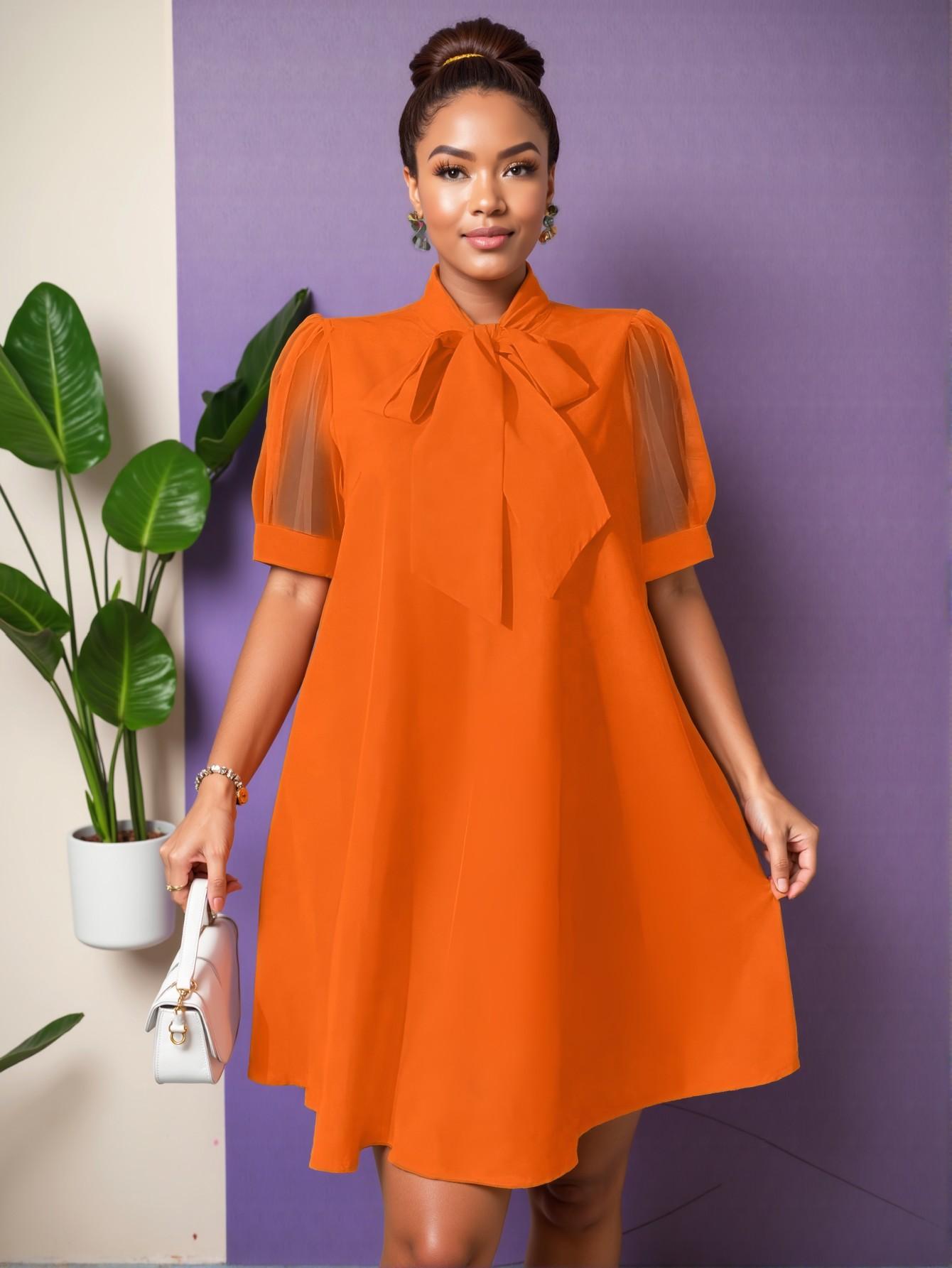 Elegant Orange Breezy Plus Size Tunic Dress with Bow Design and Contrast Mesh for Effortless Summer Style - Chic, Classy and Trendy Fashion to Dress to Impress