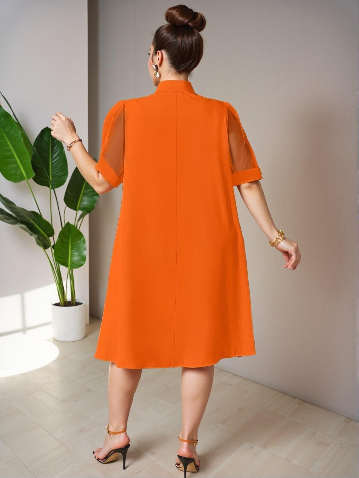 Elegant Orange Breezy Plus Size Tunic Dress with Bow Design and Contrast Mesh for Effortless Summer Style - Chic, Classy and Trendy Fashion to Dress to Impress - Image 2