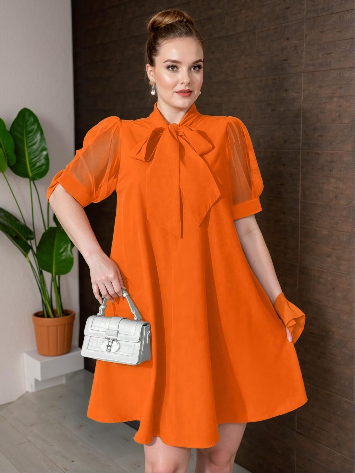 Elegant Orange Breezy Plus Size Tunic Dress with Bow Design and Contrast Mesh for Effortless Summer Style - Chic, Classy and Trendy Fashion to Dress to Impress - Image 3