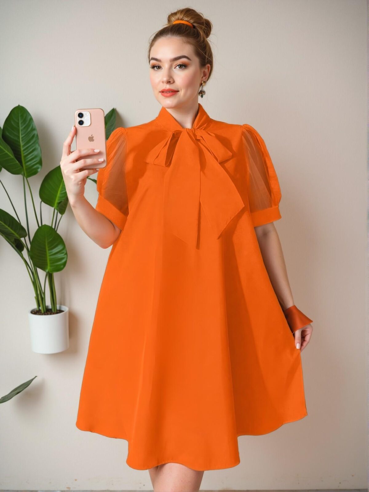 Elegant Orange Breezy Plus Size Tunic Dress with Bow Design and Contrast Mesh for Effortless Summer Style - Chic, Classy and Trendy Fashion to Dress to Impress - Image 4