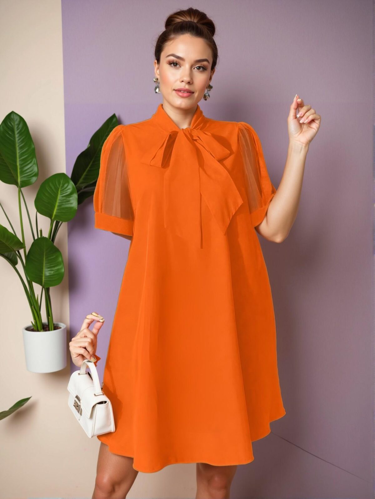 Elegant Orange Breezy Plus Size Tunic Dress with Bow Design and Contrast Mesh for Effortless Summer Style - Chic, Classy and Trendy Fashion to Dress to Impress - Image 5