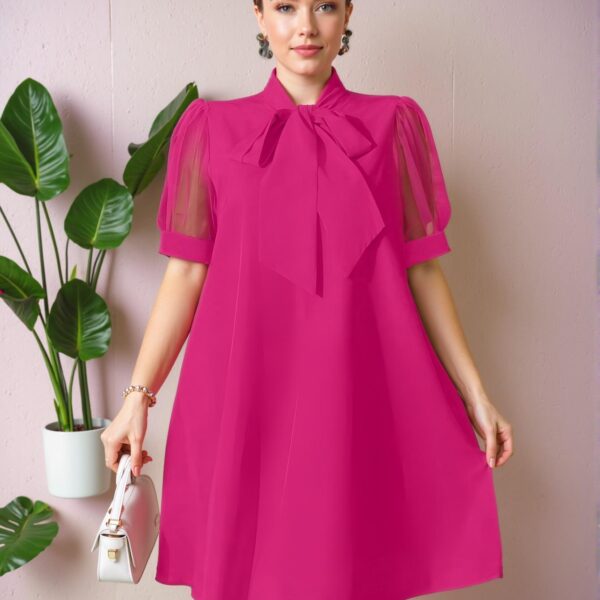 Elegant Hot Pink Loose Tulle Splice Bow-Embellished Vacation Dress for Spring and Summer – Chic, Classy and Trendy Fashion Style to Dress to Impress