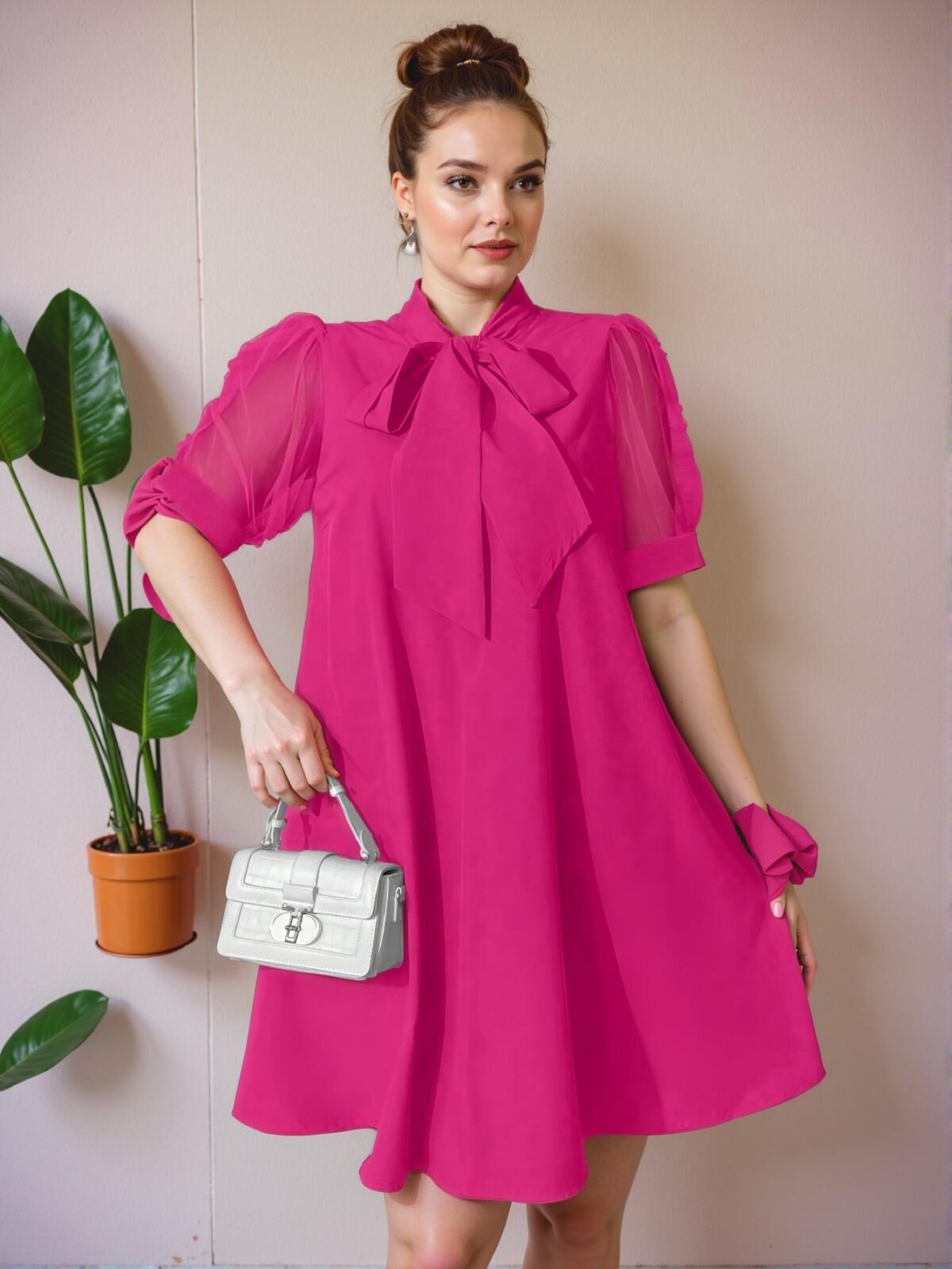 Elegant Hot Pink Loose Tulle Splice Bow-Embellished Vacation Dress for Spring and Summer – Chic, Classy and Trendy Fashion Style to Dress to Impress - Image 3