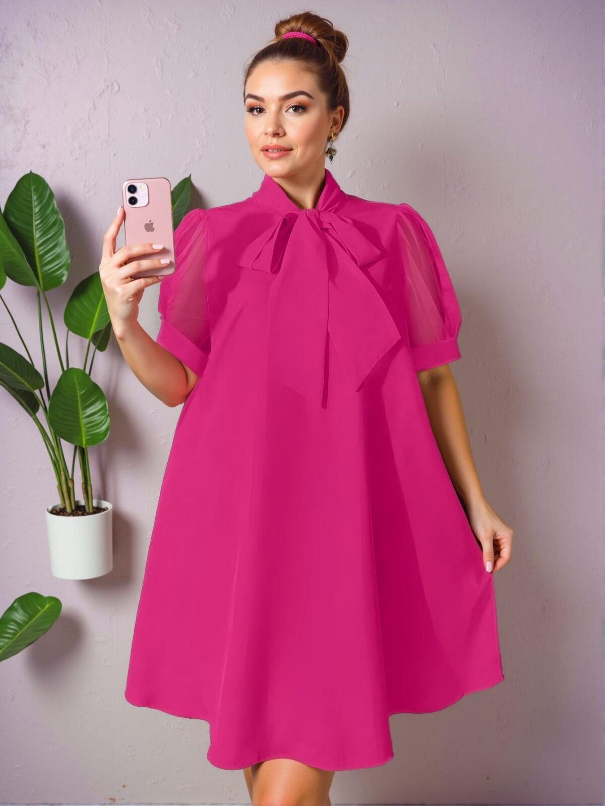 Elegant Hot Pink Loose Tulle Splice Bow-Embellished Vacation Dress for Spring and Summer – Chic, Classy and Trendy Fashion Style to Dress to Impress - Image 4