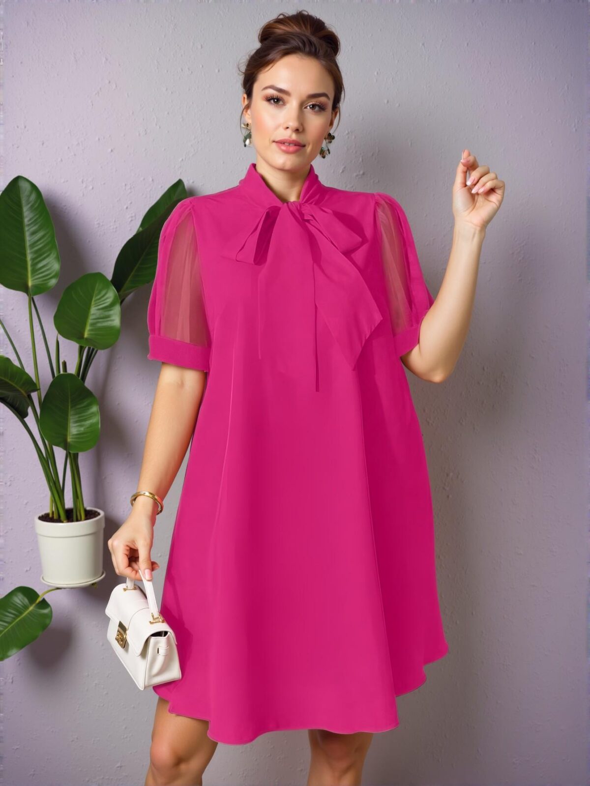 Elegant Hot Pink Loose Tulle Splice Bow-Embellished Vacation Dress for Spring and Summer – Chic, Classy and Trendy Fashion Style to Dress to Impress - Image 5
