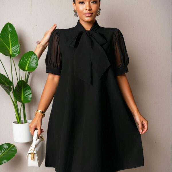 Elegant Black Loose-Fitting Mesh Patchwork Bowknot Vacation Tunic Dress for Spring and Summer - Chic, Classy and Trendy Fashion Style to Dress to Impress