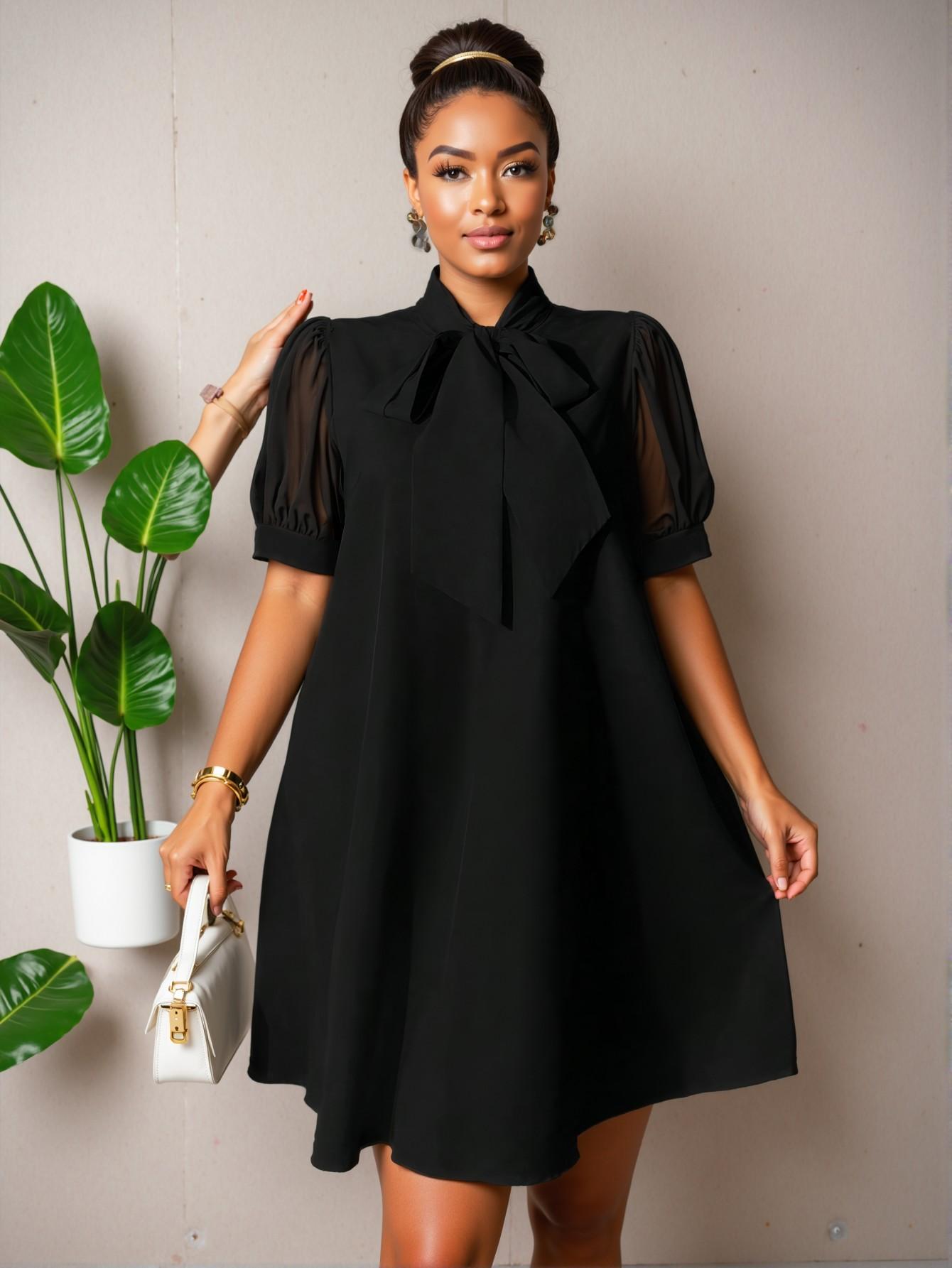 Elegant Black Loose-Fitting Mesh Patchwork Bowknot Vacation Tunic Dress for Spring and Summer - Chic, Classy and Trendy Fashion Style to Dress to Impress