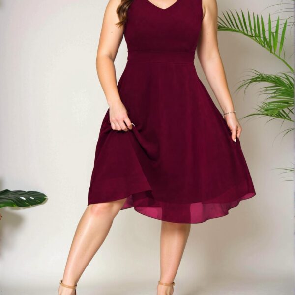 Elegant Burgundy Flared A-Line Sleeveless V-Neck Dress for Women’s Spring and Summer Fashion - Chic, Classy and Trendy Style to Dress to Impress