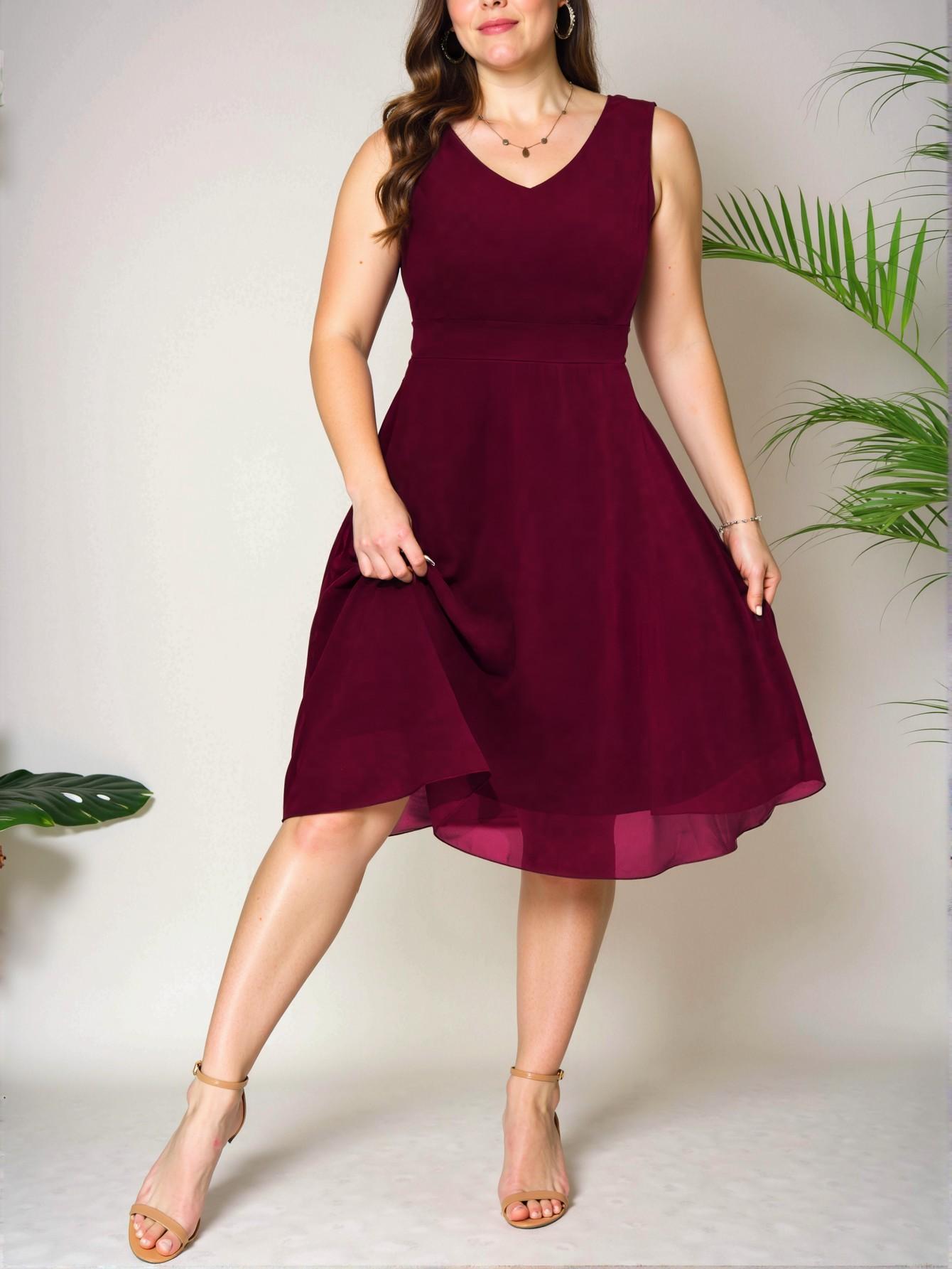Elegant Burgundy Flared A-Line Sleeveless V-Neck Dress for Women’s Spring and Summer Fashion - Chic, Classy and Trendy Style to Dress to Impress