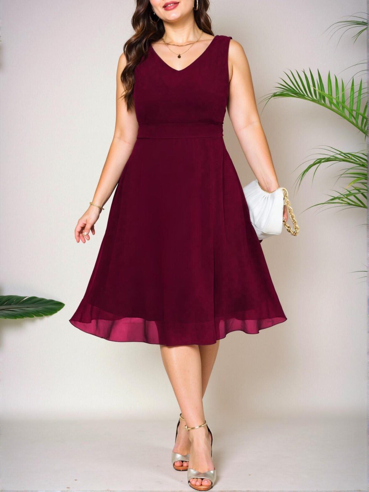 Elegant Burgundy Flared A-Line Sleeveless V-Neck Dress for Women’s Spring and Summer Fashion - Chic, Classy and Trendy Style to Dress to Impress - Image 3