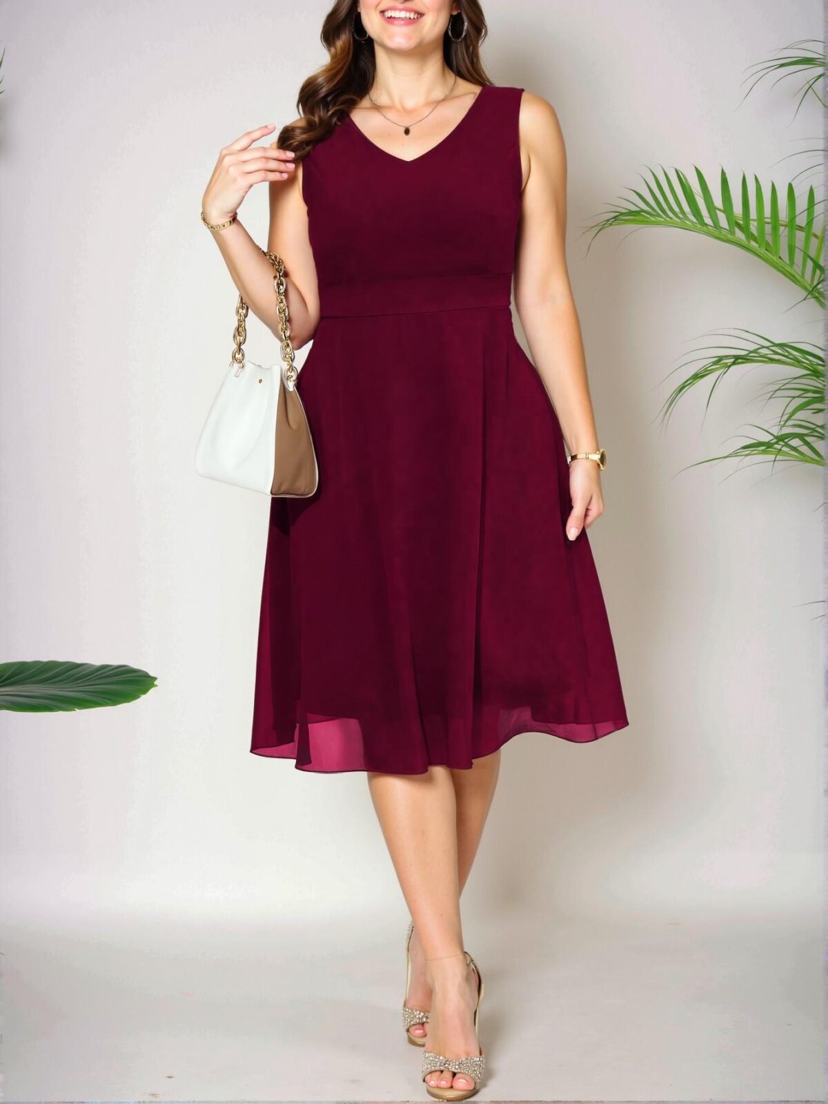 Elegant Burgundy Flared A-Line Sleeveless V-Neck Dress for Women’s Spring and Summer Fashion - Chic, Classy and Trendy Style to Dress to Impress - Image 4
