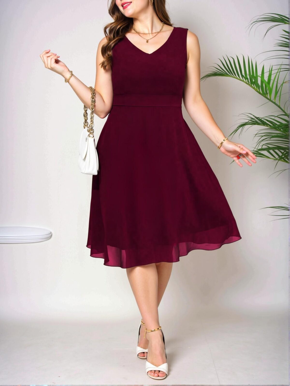 Elegant Burgundy Flared A-Line Sleeveless V-Neck Dress for Women’s Spring and Summer Fashion - Chic, Classy and Trendy Style to Dress to Impress - Image 5