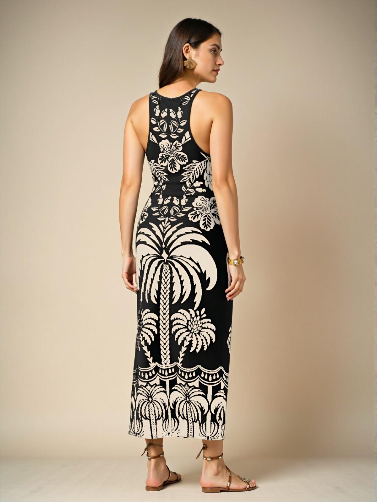 Elegant Black Tropical Plant & Coconut Tree Print Camisole Dress, Slim Fit, Ideal for Vacation Casual Beach Wear in Spring and Summer, Chic, Classy and Trendy Fashion Style to Dress to Impress - Image 2