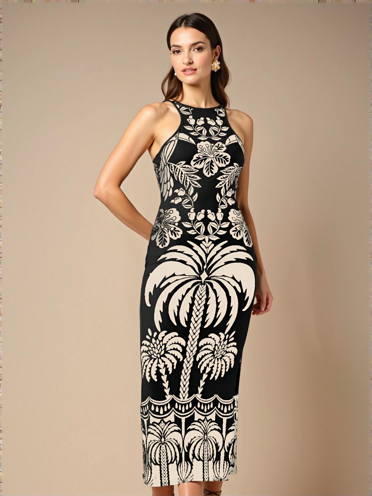 Elegant Black Tropical Plant & Coconut Tree Print Camisole Dress, Slim Fit, Ideal for Vacation Casual Beach Wear in Spring and Summer, Chic, Classy and Trendy Fashion Style to Dress to Impress - Image 3