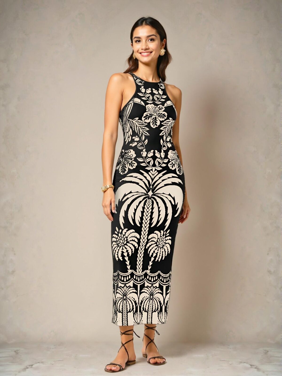 Elegant Black Tropical Plant & Coconut Tree Print Camisole Dress, Slim Fit, Ideal for Vacation Casual Beach Wear in Spring and Summer, Chic, Classy and Trendy Fashion Style to Dress to Impress - Image 4
