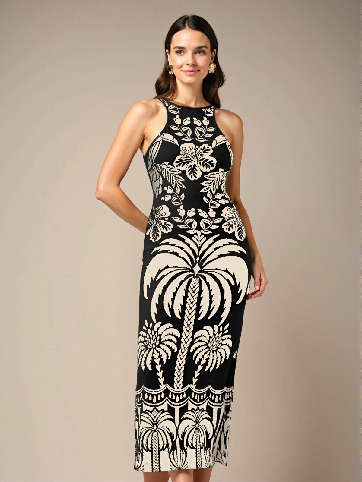 Elegant Black Tropical Plant & Coconut Tree Print Camisole Dress, Slim Fit, Ideal for Vacation Casual Beach Wear in Spring and Summer, Chic, Classy and Trendy Fashion Style to Dress to Impress - Image 5