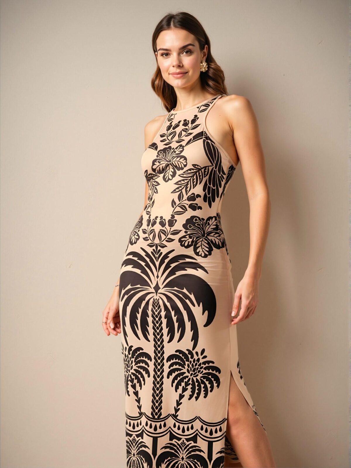 Elegant Multicolor Tropical Print & Coconut Tree Backless Midi Dress - Casual Summer Beach Attire for Spring and Summer - Chic, Classy and Trendy Fashion Style to Dress to Impress