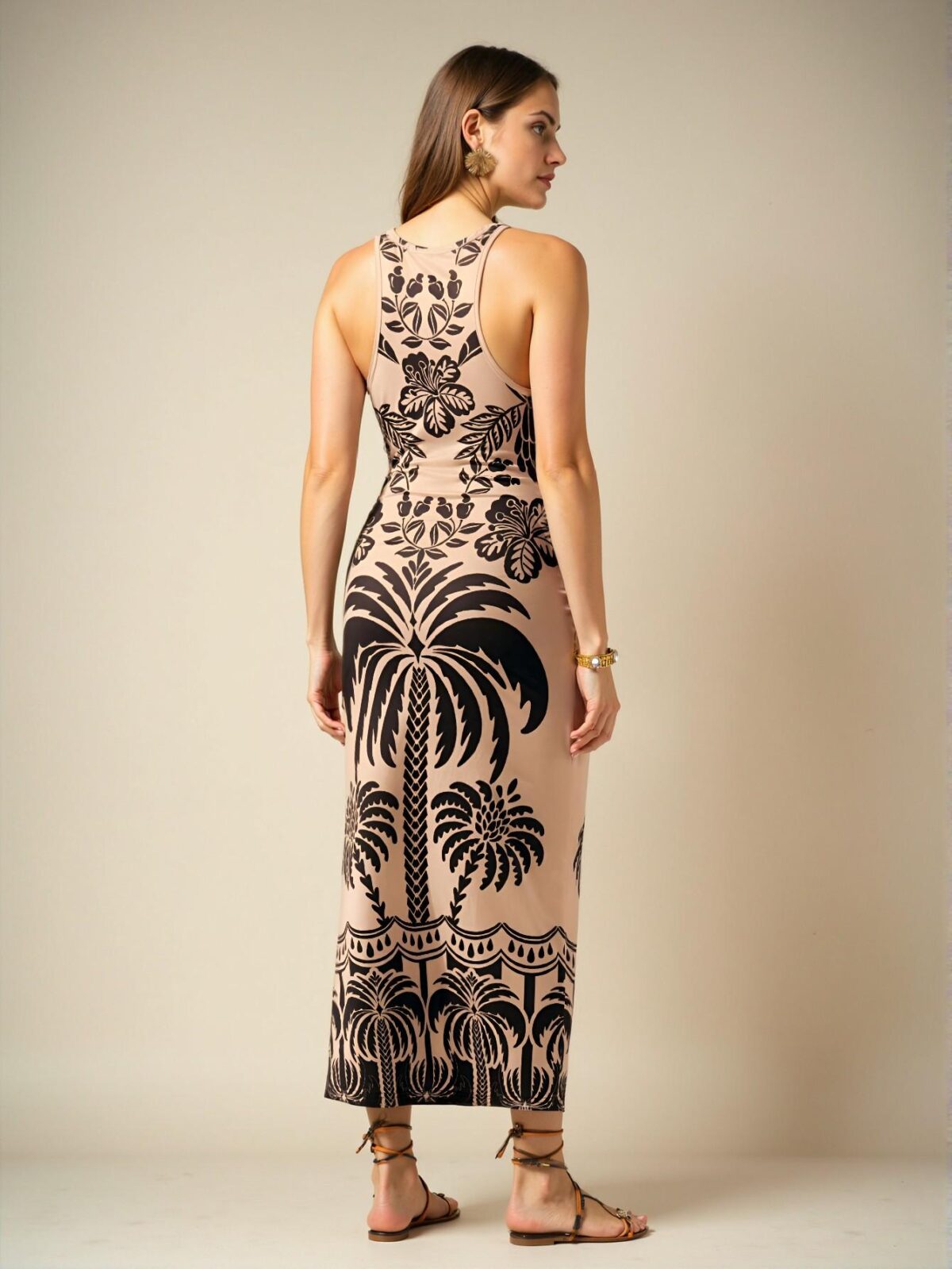 Elegant Multicolor Tropical Print & Coconut Tree Backless Midi Dress - Casual Summer Beach Attire for Spring and Summer - Chic, Classy and Trendy Fashion Style to Dress to Impress - Image 2