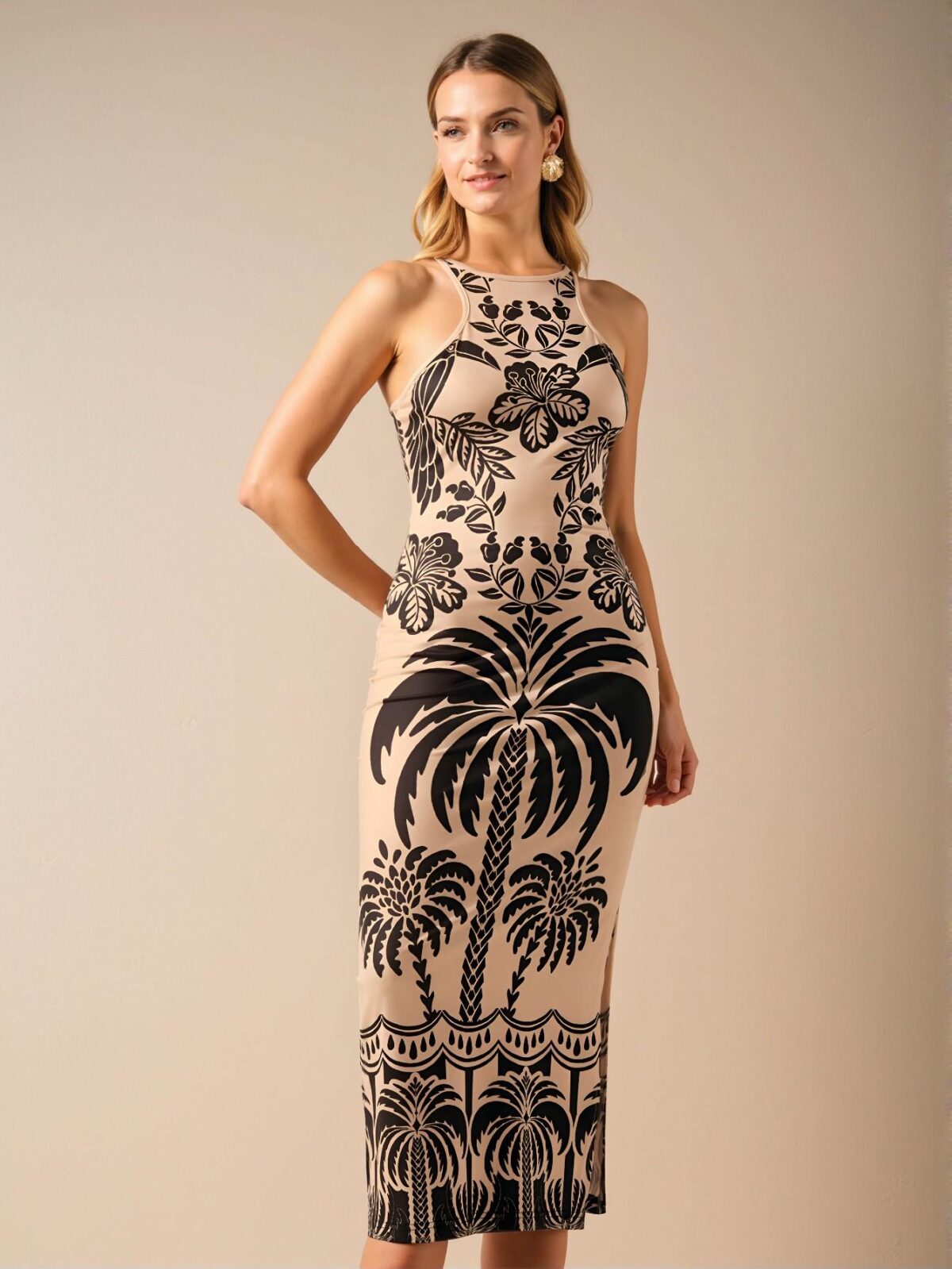 Elegant Multicolor Tropical Print & Coconut Tree Backless Midi Dress - Casual Summer Beach Attire for Spring and Summer - Chic, Classy and Trendy Fashion Style to Dress to Impress - Image 3