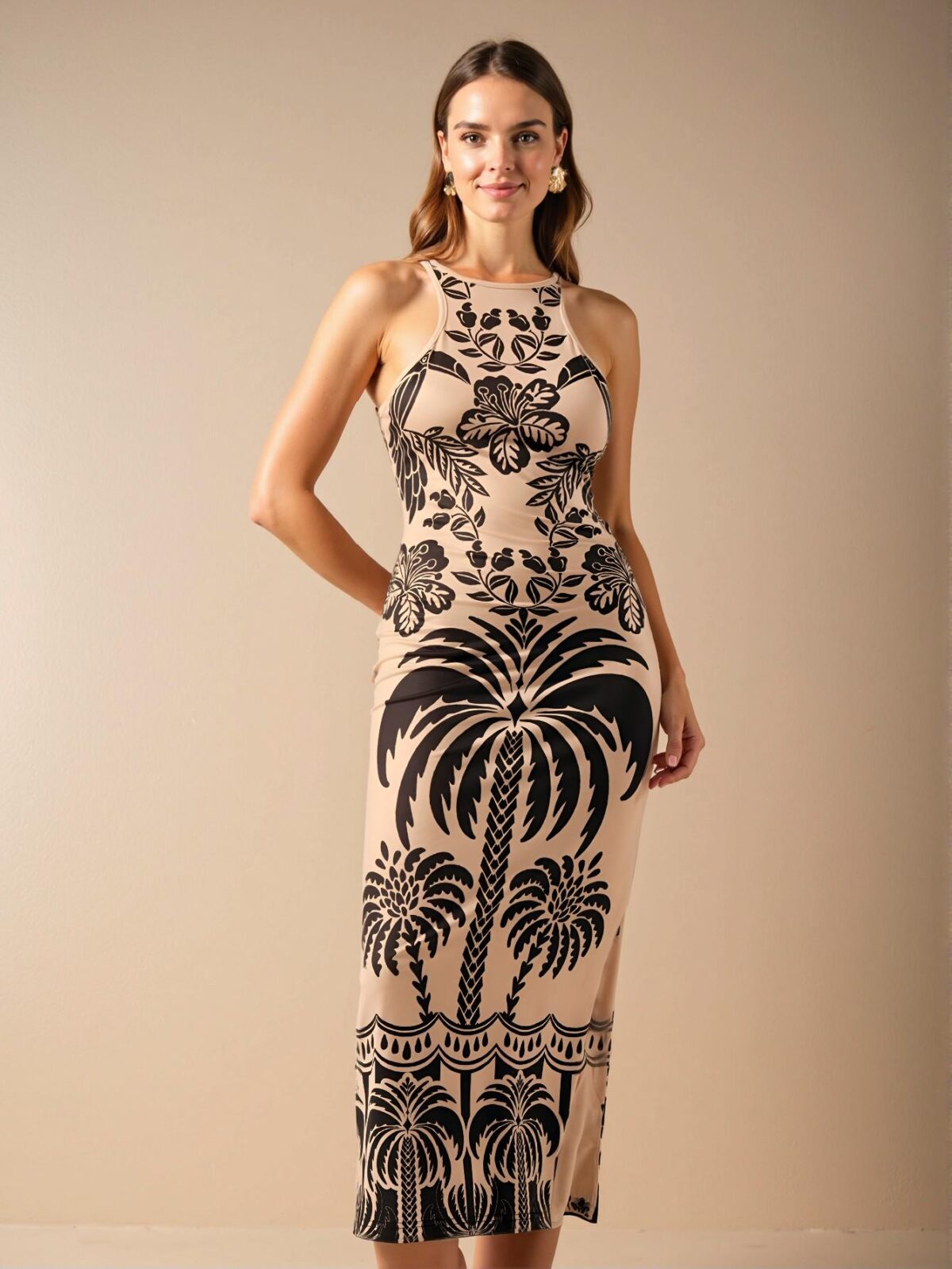 Elegant Multicolor Tropical Print & Coconut Tree Backless Midi Dress - Casual Summer Beach Attire for Spring and Summer - Chic, Classy and Trendy Fashion Style to Dress to Impress - Image 5