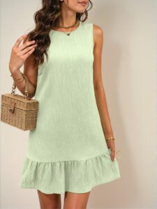 Elegant Green Ruffled Hem Sleeveless Smock Dress for Vacation and Daily Wear, Chic, Classy and Trendy Fashion Style to Dress to Impress