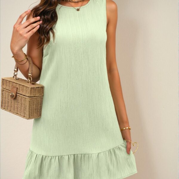 Elegant Green Ruffled Hem Sleeveless Smock Dress for Vacation and Daily Wear, Chic, Classy and Trendy Fashion Style to Dress to Impress