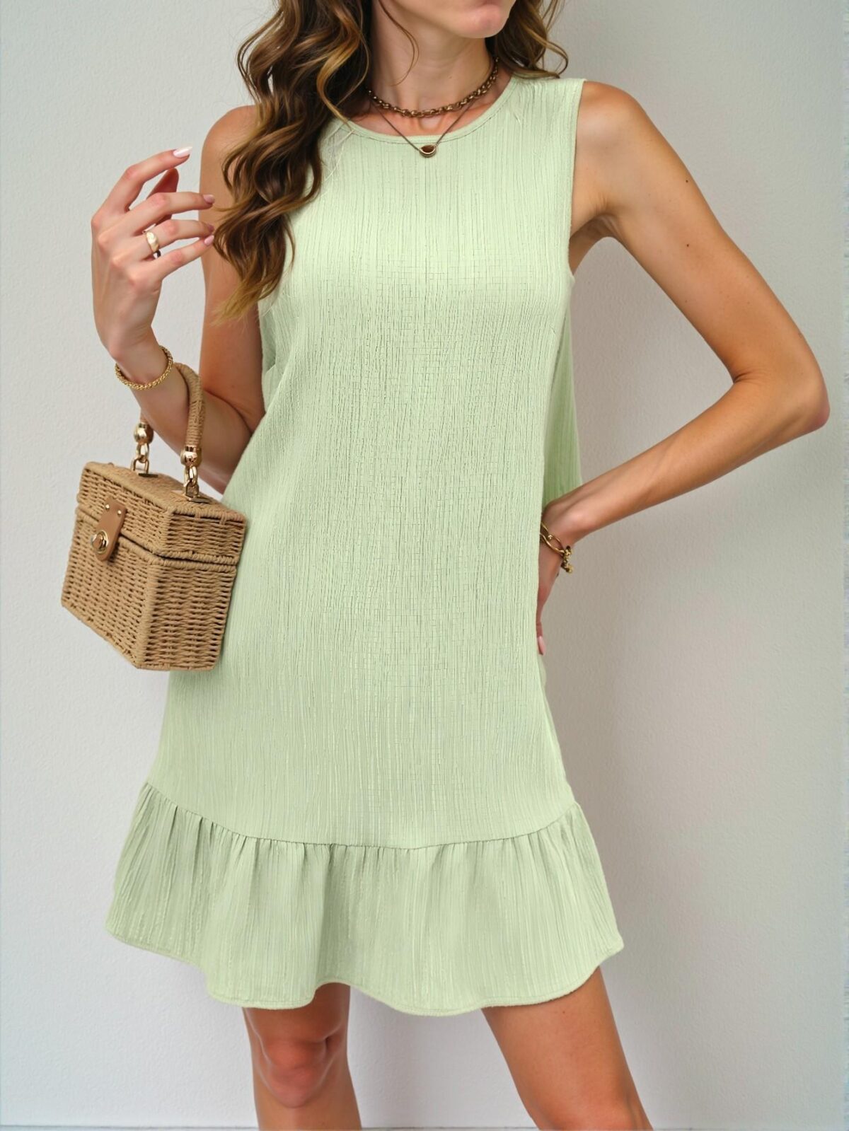 Elegant Green Ruffled Hem Sleeveless Smock Dress for Vacation and Daily Wear, Chic, Classy and Trendy Fashion Style to Dress to Impress - Image 3
