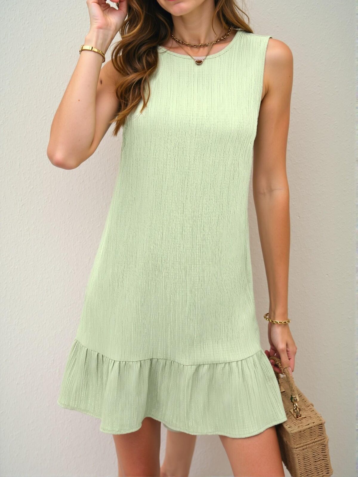 Elegant Green Ruffled Hem Sleeveless Smock Dress for Vacation and Daily Wear, Chic, Classy and Trendy Fashion Style to Dress to Impress - Image 4