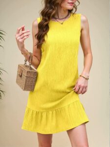 Elegant Mustard Yellow Charming Solid Textured Ruffle Hem Sleeveless Dress Perfect for Beach and Daily Outings "Chic, Classy and Trendy Fashion Style to Dress to Impress"