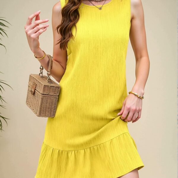 Elegant Mustard Yellow Charming Solid Textured Ruffle Hem Sleeveless Dress Perfect for Beach and Daily Outings "Chic, Classy and Trendy Fashion Style to Dress to Impress"