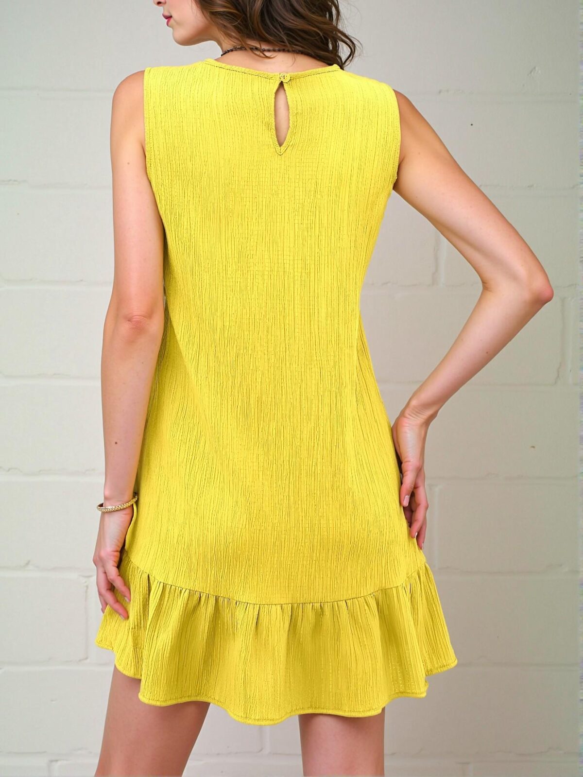Elegant Mustard Yellow Charming Solid Textured Ruffle Hem Sleeveless Dress Perfect for Beach and Daily Outings "Chic, Classy and Trendy Fashion Style to Dress to Impress" - Image 2