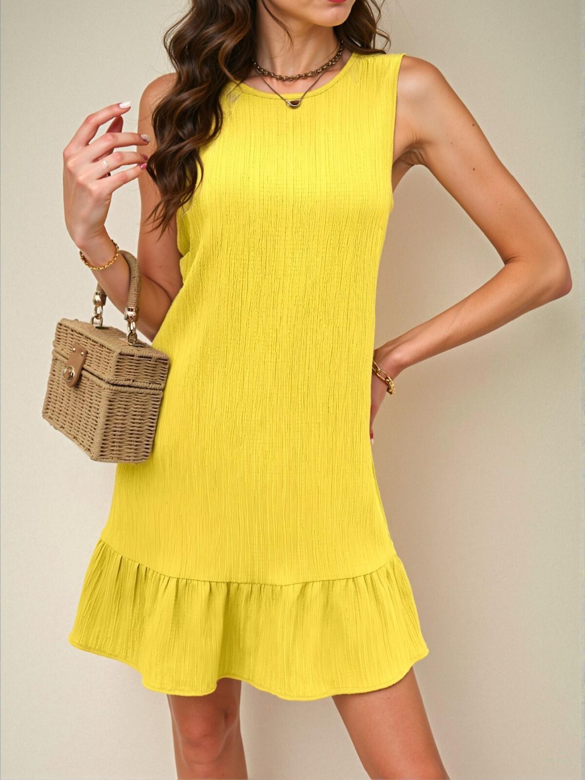 Elegant Mustard Yellow Charming Solid Textured Ruffle Hem Sleeveless Dress Perfect for Beach and Daily Outings "Chic, Classy and Trendy Fashion Style to Dress to Impress" - Image 3