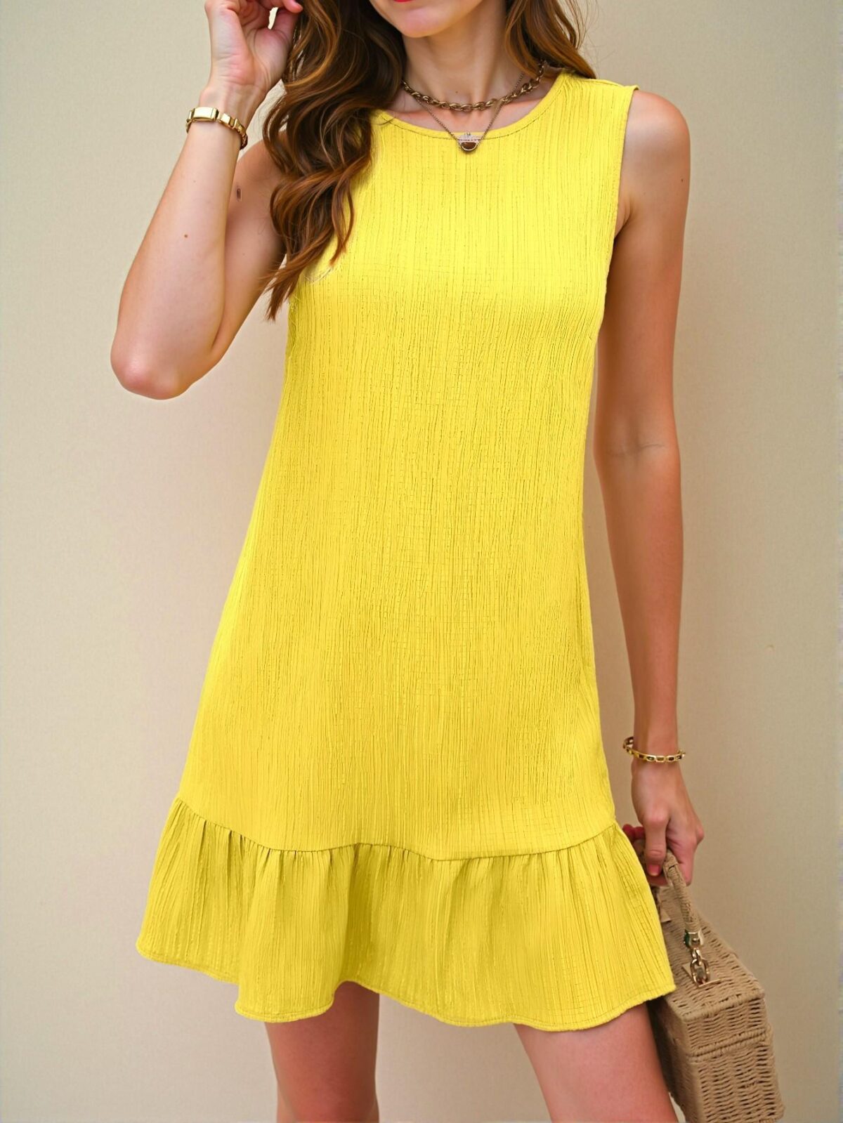 Elegant Mustard Yellow Charming Solid Textured Ruffle Hem Sleeveless Dress Perfect for Beach and Daily Outings "Chic, Classy and Trendy Fashion Style to Dress to Impress" - Image 4