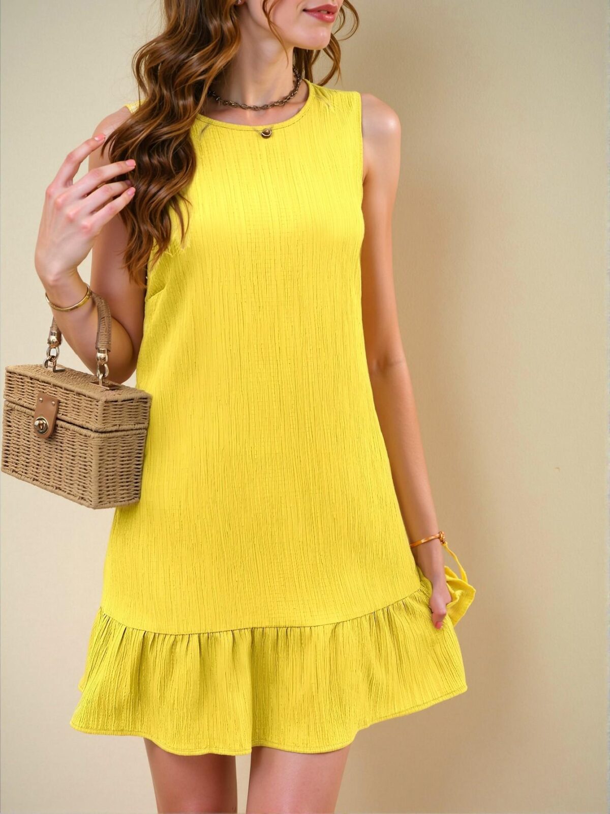 Elegant Mustard Yellow Charming Solid Textured Ruffle Hem Sleeveless Dress Perfect for Beach and Daily Outings "Chic, Classy and Trendy Fashion Style to Dress to Impress" - Image 5