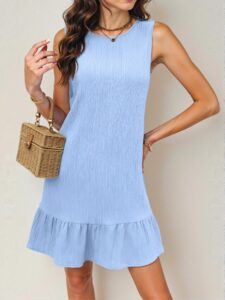 Elegant Baby Blue Charming Solid Textured Ruffle Hem Sleeveless Dress Perfect for Summer Beach Vacations Chic, Classy and Trendy Fashion Style to Dress to Impress