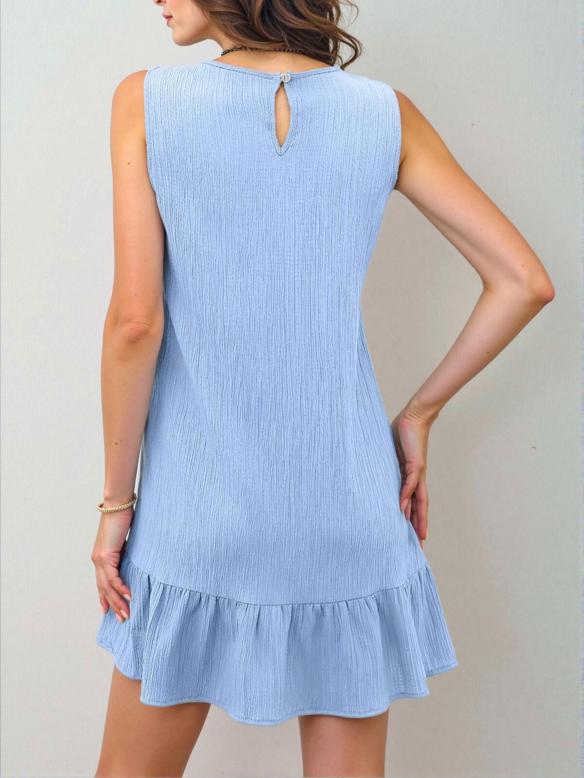 Elegant Baby Blue Charming Solid Textured Ruffle Hem Sleeveless Dress Perfect for Summer Beach Vacations Chic, Classy and Trendy Fashion Style to Dress to Impress - Image 2