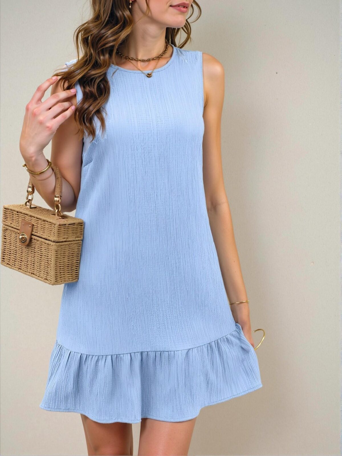 Elegant Baby Blue Charming Solid Textured Ruffle Hem Sleeveless Dress Perfect for Summer Beach Vacations Chic, Classy and Trendy Fashion Style to Dress to Impress - Image 4