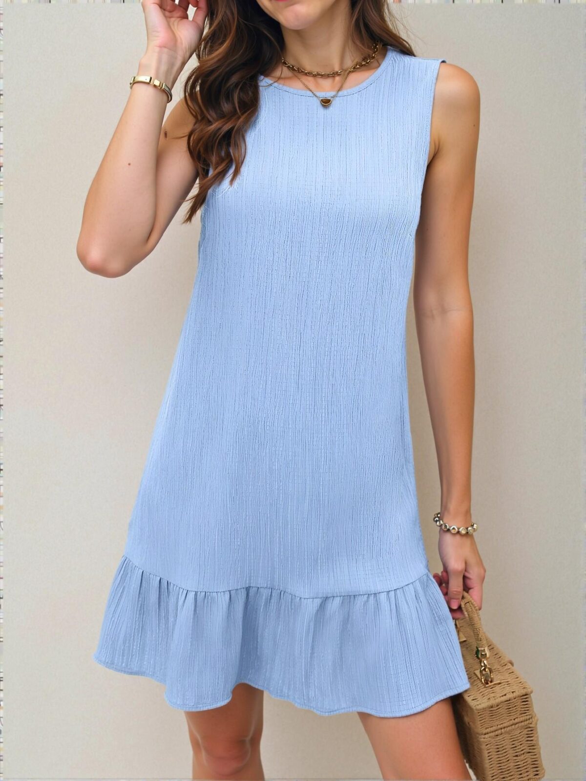 Elegant Baby Blue Charming Solid Textured Ruffle Hem Sleeveless Dress Perfect for Summer Beach Vacations Chic, Classy and Trendy Fashion Style to Dress to Impress - Image 5