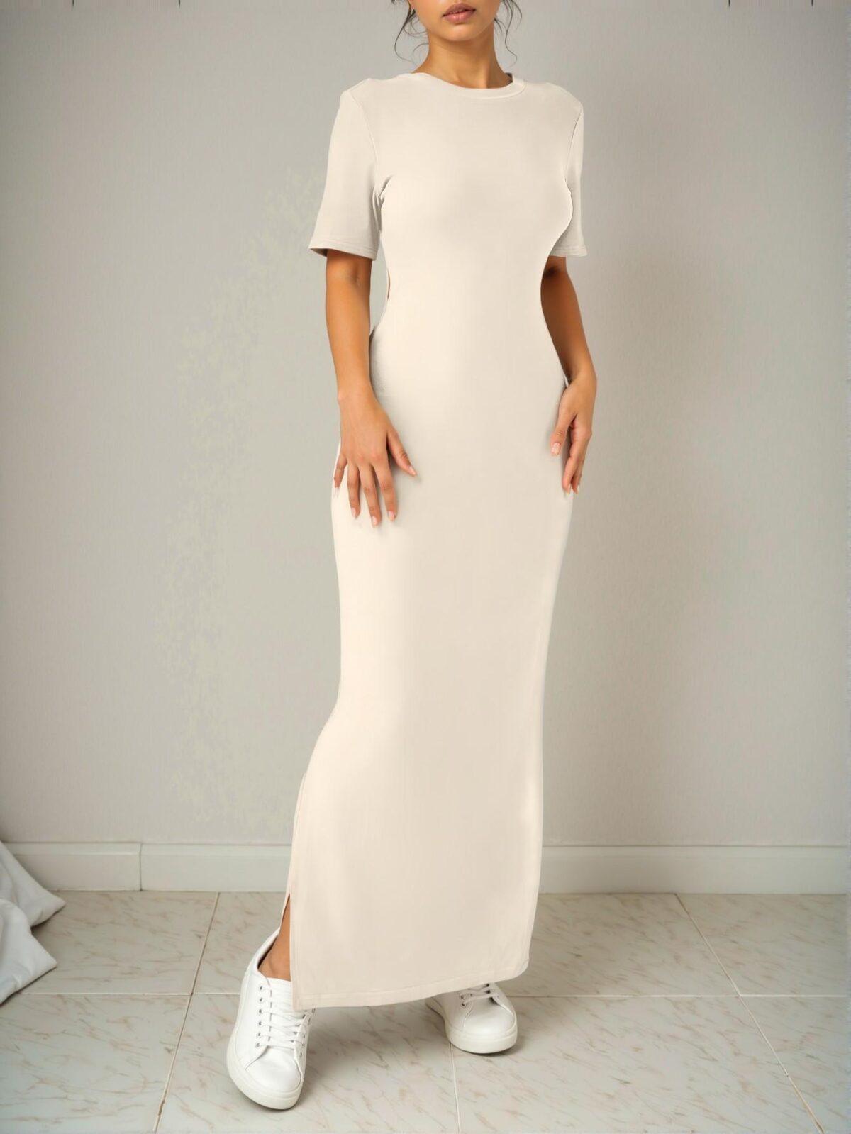 Elegant Apricot Stylish V-Neck Split Hem Solid Color Short Sleeve Maxi Dress for Spring and Summer - Chic, Classy, and Trendy Fashion Style to Dress to Impress - Image 4