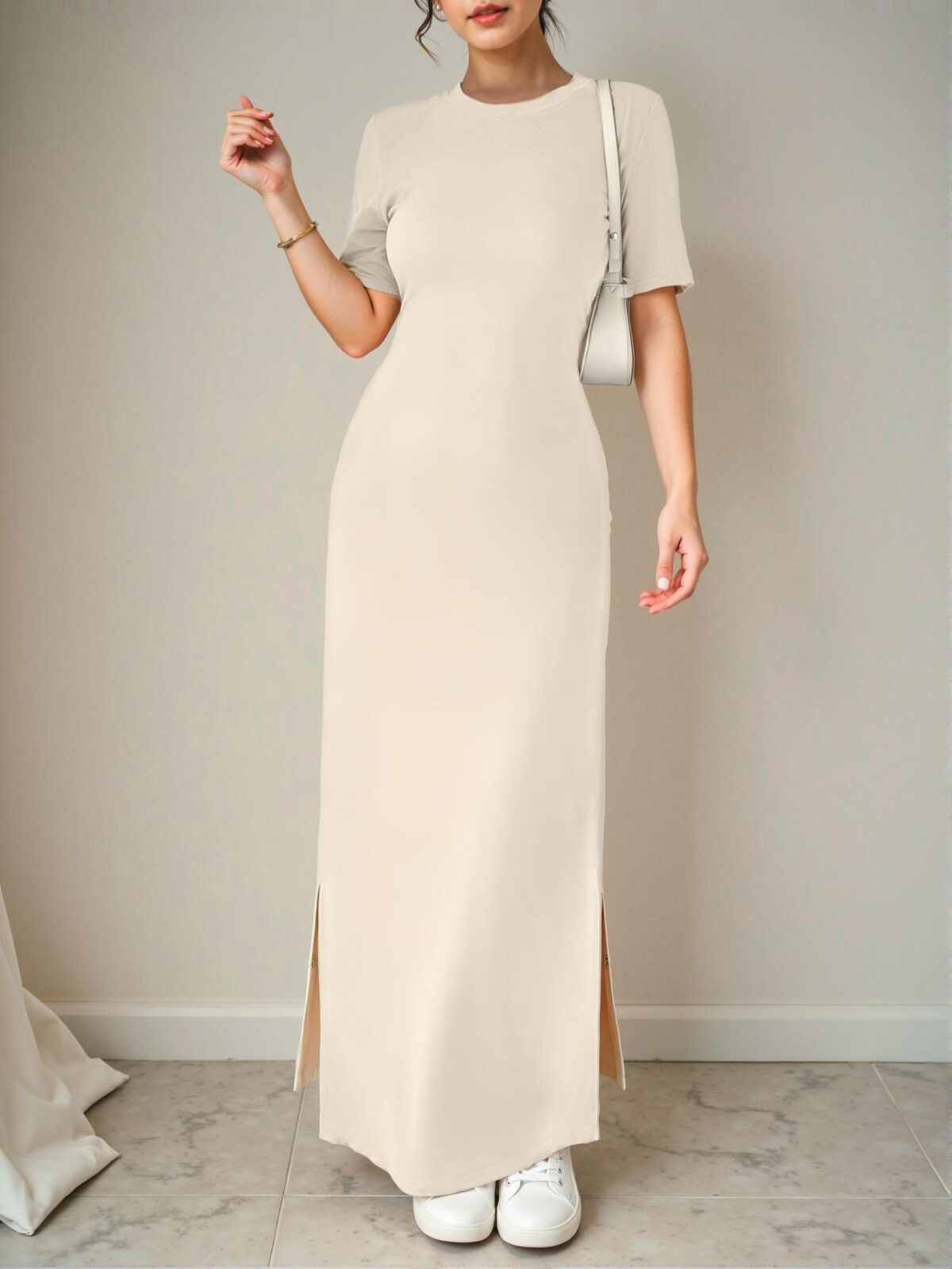 Elegant Apricot Stylish V-Neck Split Hem Solid Color Short Sleeve Maxi Dress for Spring and Summer - Chic, Classy, and Trendy Fashion Style to Dress to Impress - Image 5