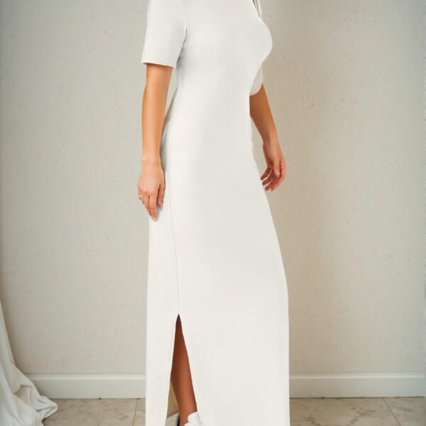 Elegant Beige Chic V-Neck Maxi Dress with Split Hem for Effortless Spring and Summer Style - Chic, Classy and Trendy Fashion Style to Dress to Impress