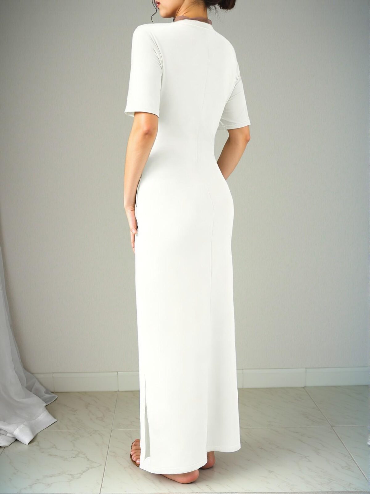 Elegant Beige Chic V-Neck Maxi Dress with Split Hem for Effortless Spring and Summer Style - Chic, Classy and Trendy Fashion Style to Dress to Impress - Image 2