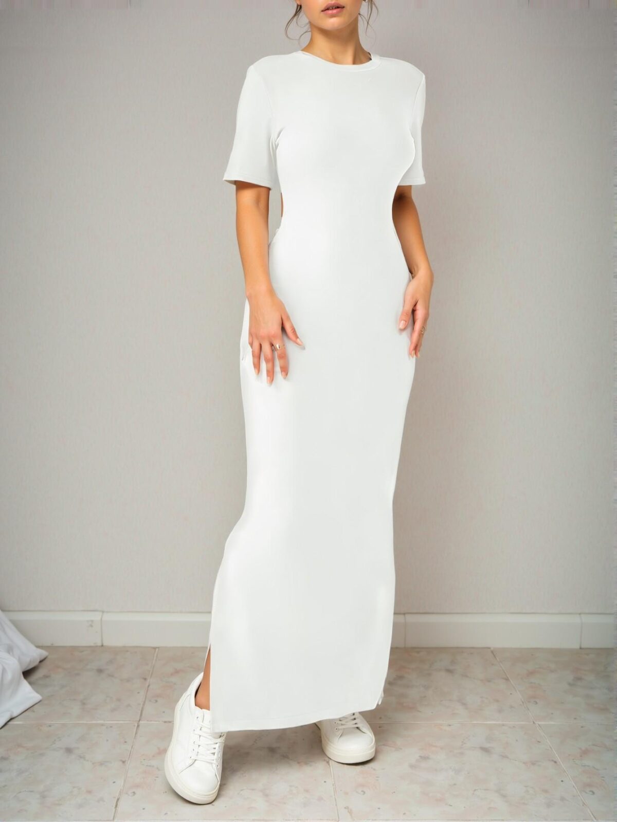 Elegant Beige Chic V-Neck Maxi Dress with Split Hem for Effortless Spring and Summer Style - Chic, Classy and Trendy Fashion Style to Dress to Impress - Image 4