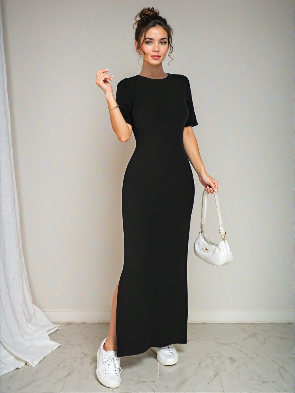 Elegant Black V-Neck Split Hem Short Sleeve Maxi Dress for Spring and Summer - Chic, Classy and Trendy Fashion Style to Dress to Impress