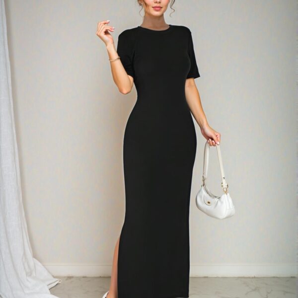 Elegant Black V-Neck Split Hem Short Sleeve Maxi Dress for Spring and Summer - Chic, Classy and Trendy Fashion Style to Dress to Impress