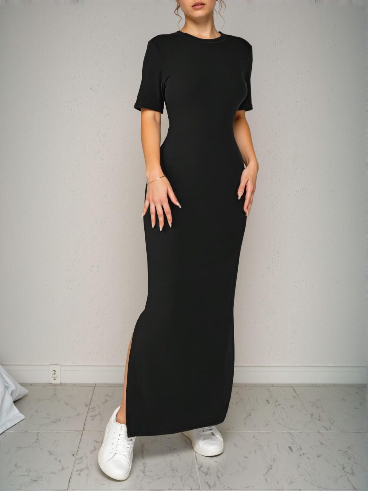 Elegant Black V-Neck Split Hem Short Sleeve Maxi Dress for Spring and Summer - Chic, Classy and Trendy Fashion Style to Dress to Impress - Image 4