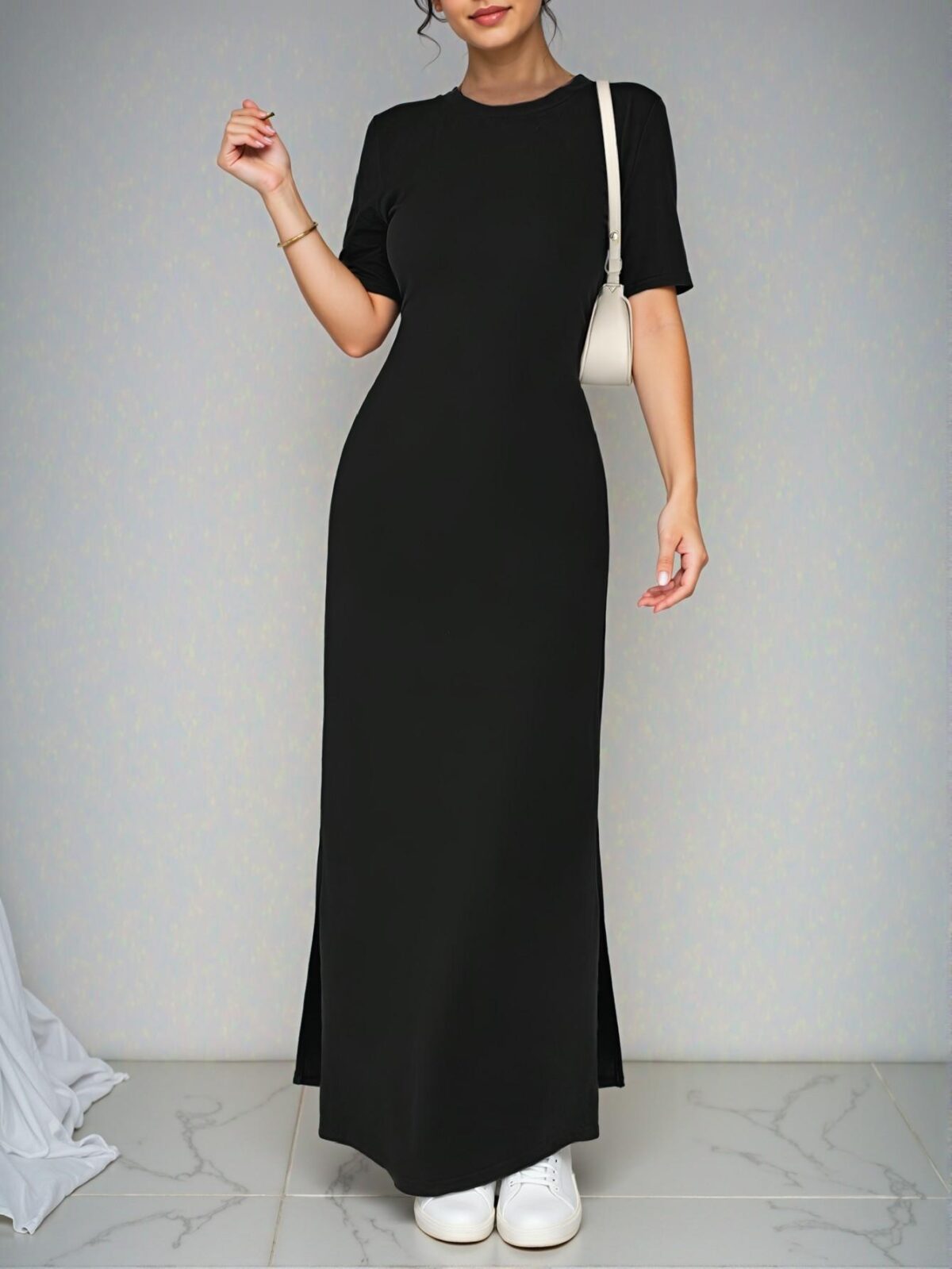 Elegant Black V-Neck Split Hem Short Sleeve Maxi Dress for Spring and Summer - Chic, Classy and Trendy Fashion Style to Dress to Impress - Image 5